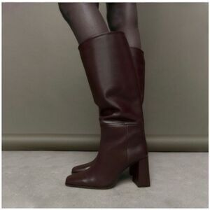 Zara Women’s Oxblood Burgundy Leather Square Toe Below the Knee Block Heel Boot